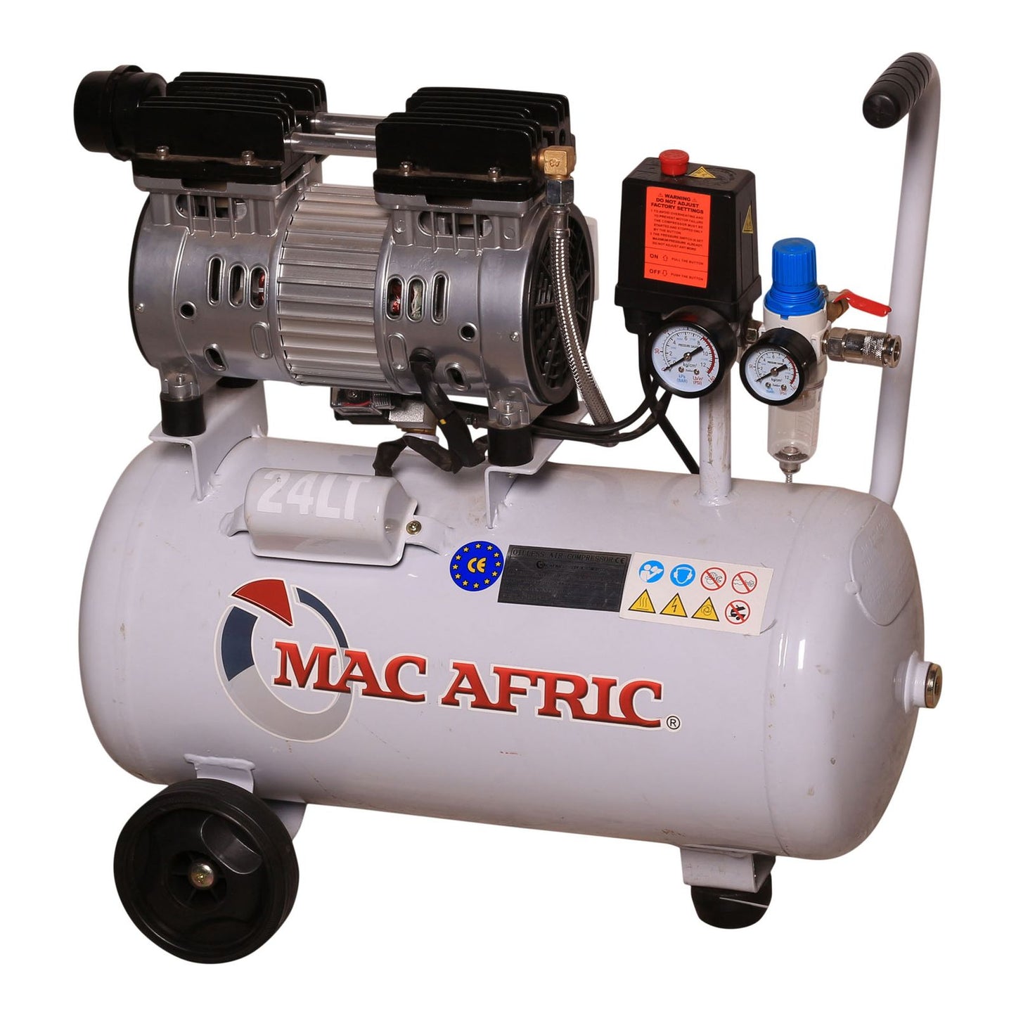 Compressor de ar silencioso profissional, 24 litros, 0,6 KW (0,8 HP) 230 V, isento de óleo