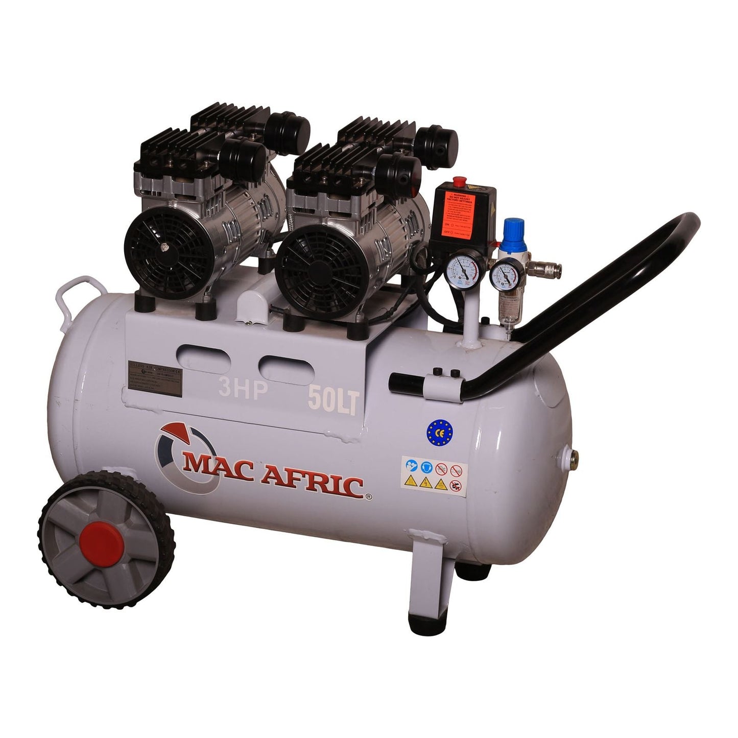 Compressor de ar silencioso profissional, 50 litros, 2,2 KW (3 HP) 230 V, motor duplo, sem óleo