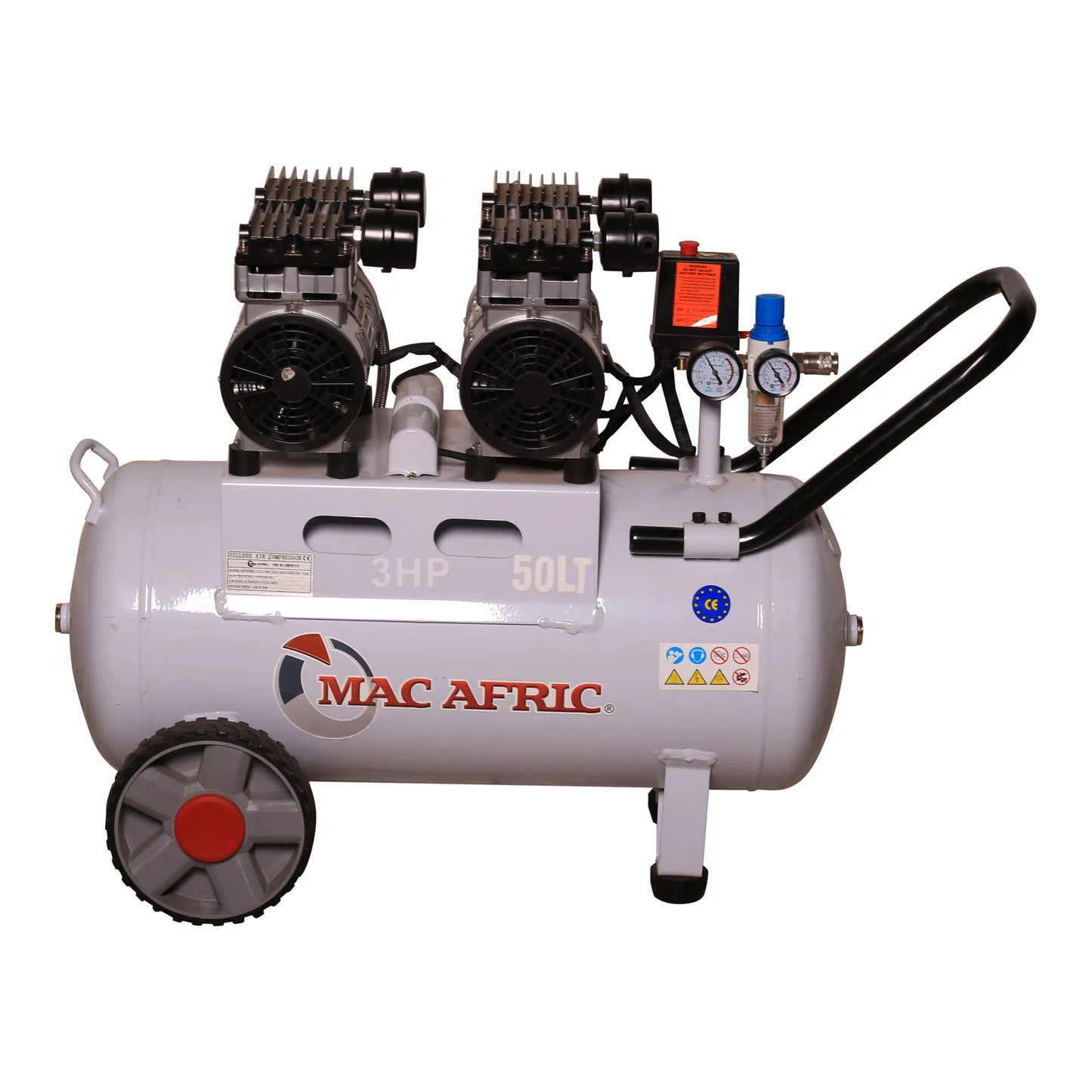 Compressor de ar silencioso profissional, 50 litros, 2,2 KW (3 HP) 230 V, motor duplo, sem óleo