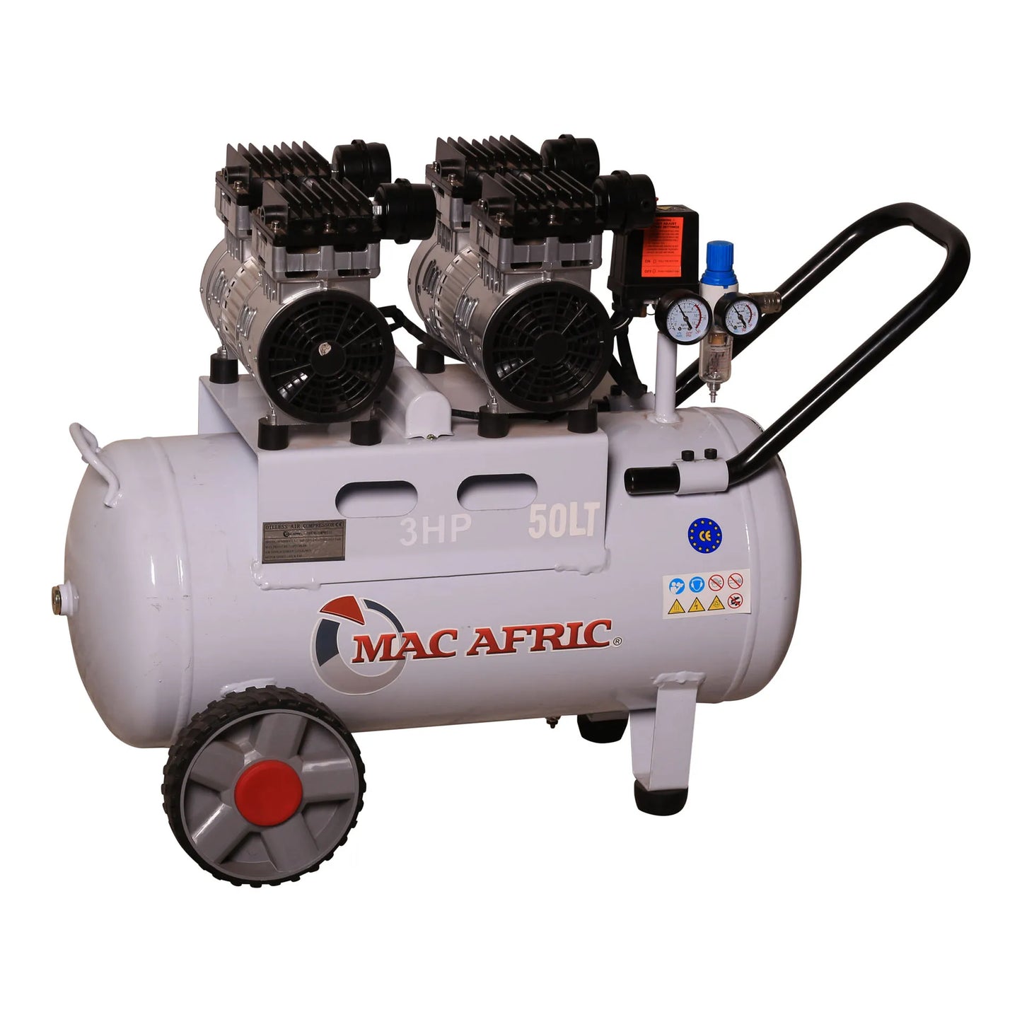 Compressor de ar silencioso profissional, 50 litros, 2,2 KW (3 HP) 230 V, motor duplo, sem óleo