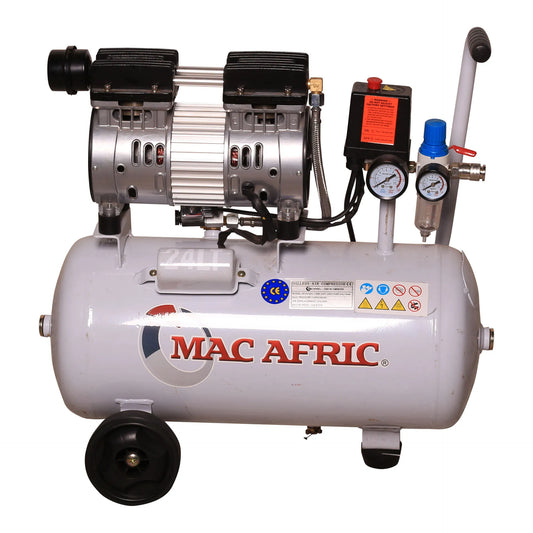 Compressor de ar silencioso profissional, 24 litros, 0,6 KW (0,8 HP) 230 V, isento de óleo