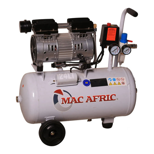 Compressor de ar silencioso profissional, 24 litros, 0,6 KW (0,8 HP) 230 V, isento de óleo