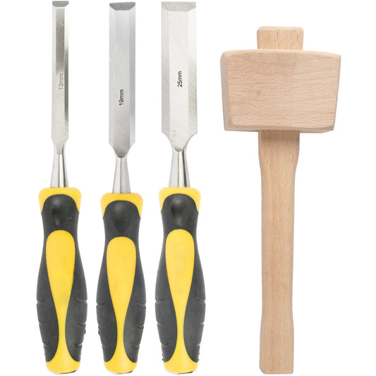 Conjunto de formão de madeira de 3 peças com macete